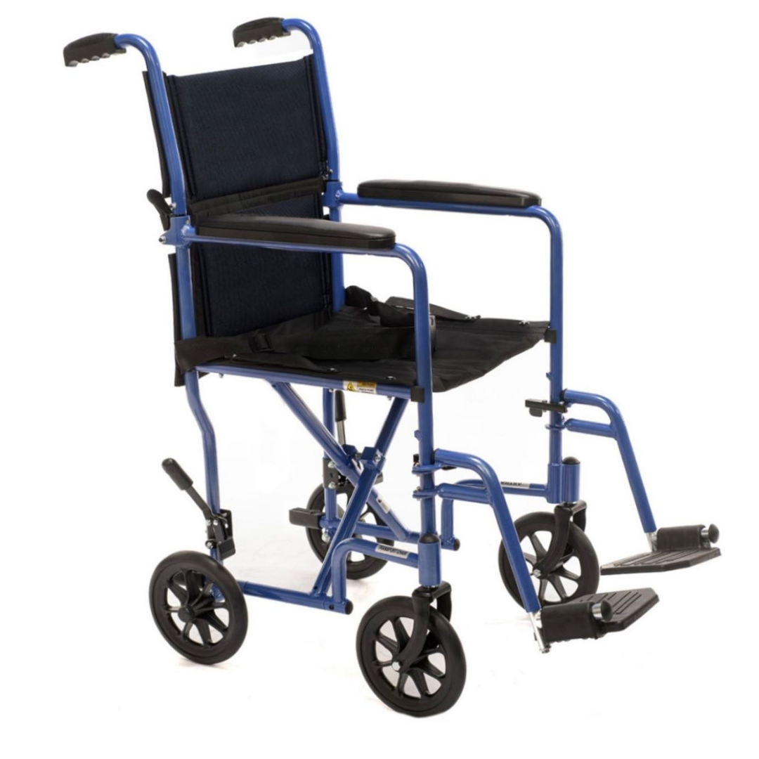 The Proactive Medical Astra Aluminum Transport Chair features a blue frame, black seat and backrest, small front and rear wheels, foldable footrests, and ergonomic push handles for easy transport.